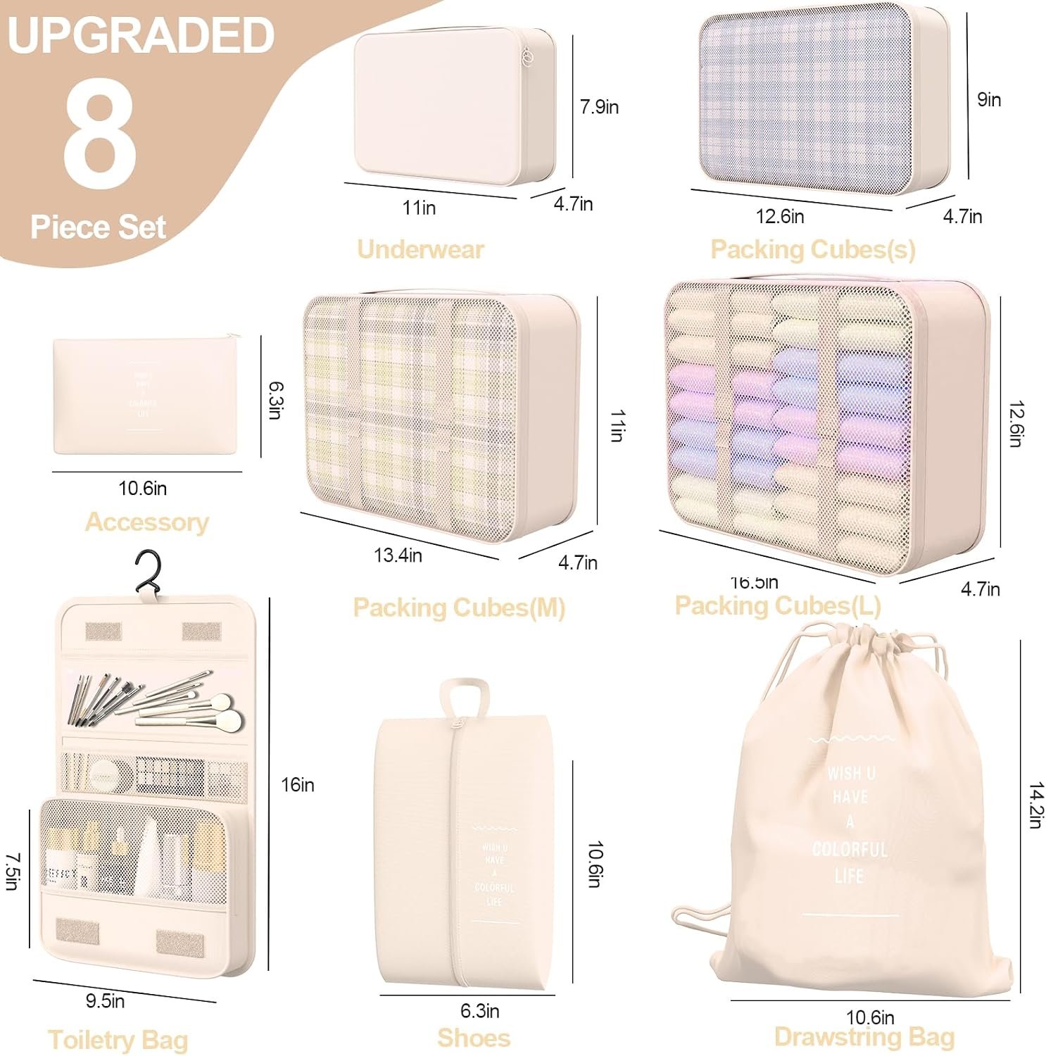 8 Set Packing Cubes for Travel, Suitcase Organizer Bags for Luggage (Cream) - Image 2