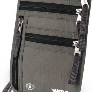 HERO Neck Wallet - RFID Blocking Passport Holder, Easy to Conceal Travel Pouch (Army Grey)