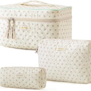 HBselect Quilted Makeup Bag, 3Pcs Cotton Large Travel Makeup Bags Organizer